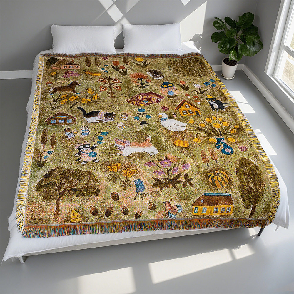 Cotton Jacquard Thread Blanket Pastoral Style Background Decorative Tapestry Nap Blanket Office Air Conditioning Blanket Multi-Functional Blanket