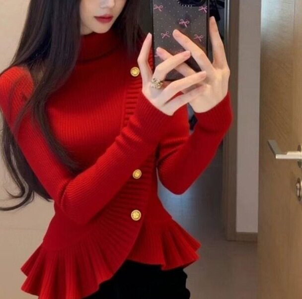 高级感超好看卡其色高领毛衣女秋冬独特绝美掐腰荷叶边长袖针织衫