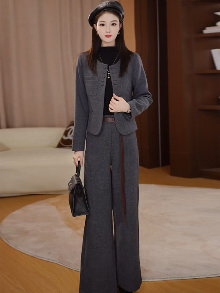 Fashion Suit for Women, Autumn and Winter New Style, Slimming, Petite, Chanel-Style Short Jacket and Wide-Leg Pants Two-Piece Set, Trendy