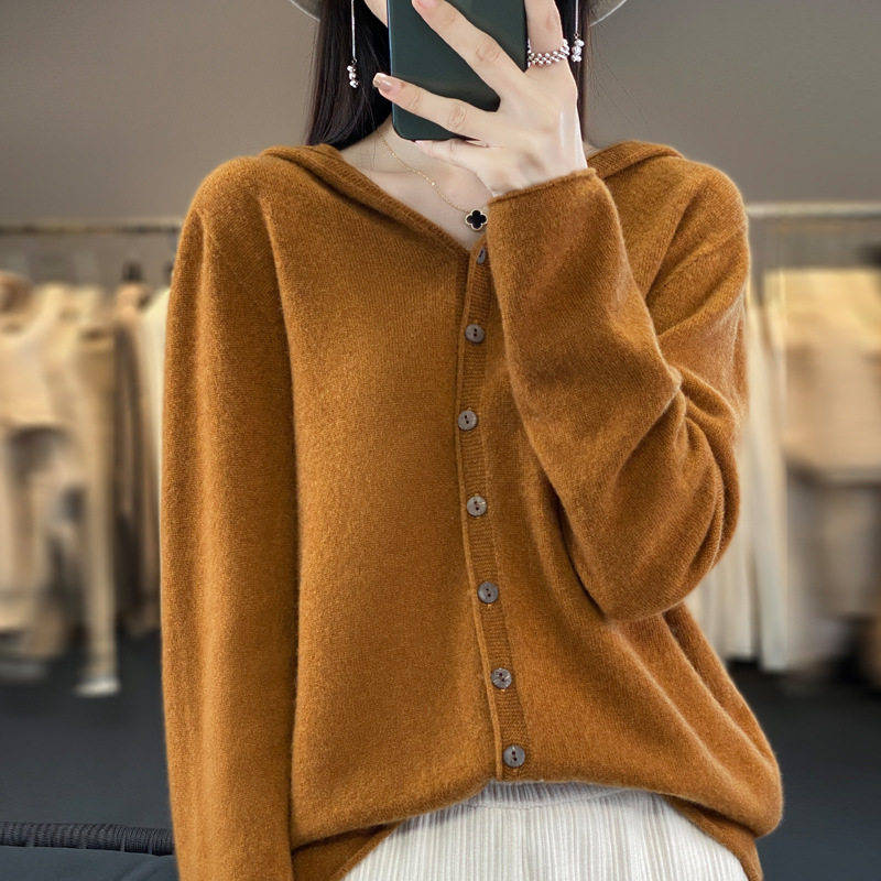 澳洲美丽诺100纯羊毛针织衫女一线成衣无缝连帽开衫羊绒毛衣外套