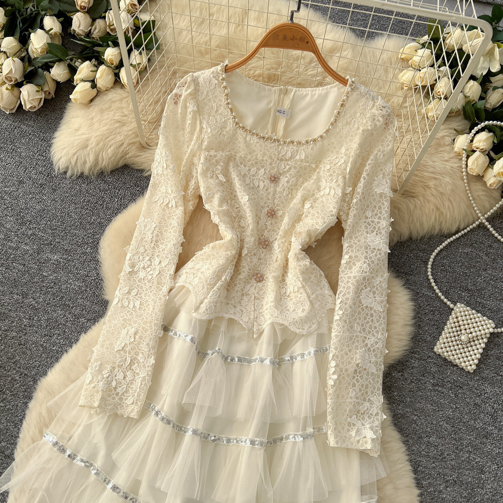 Korean Style Square Neck Long Sleeve Dress Beaded Lace Panel High Waist Embroidered A Line Elegant Office Wear