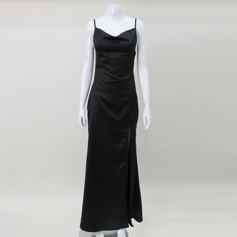 Satin Evening Dress Sexy High Slit Backless Long Length Elegant for Parties and Formal Events Wholesale Available