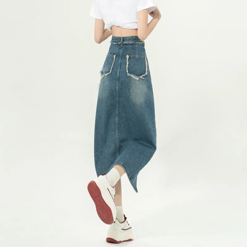 High Waisted A Line Denim Skirt Vintage Style Irregular Hem Mid Length Flattering Fit Spring Fashion Wholesale