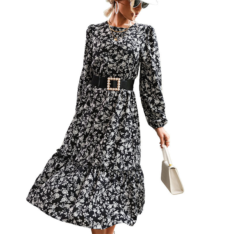 Womens Long Sleeve Black Floral Dress Elegant Design Autumn Winter Style Wholesale Available OEM ODM service