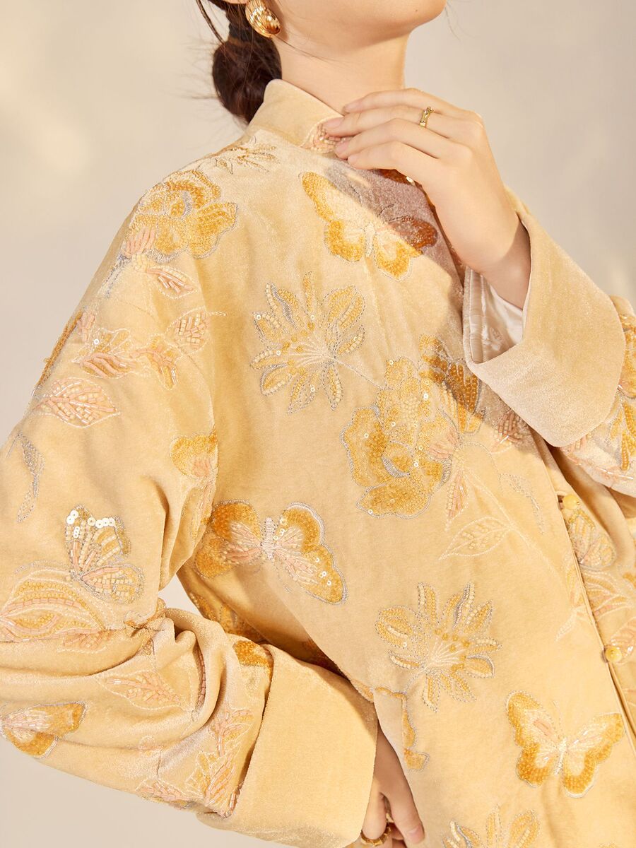 Áo khoác nữ cổ đứng dài tay thêu hoa đính kim sa phong cách retro — Màu cam mơ (giao hàng trong 7 ngày), Màu cam mơ (giao hàng trong ngày)