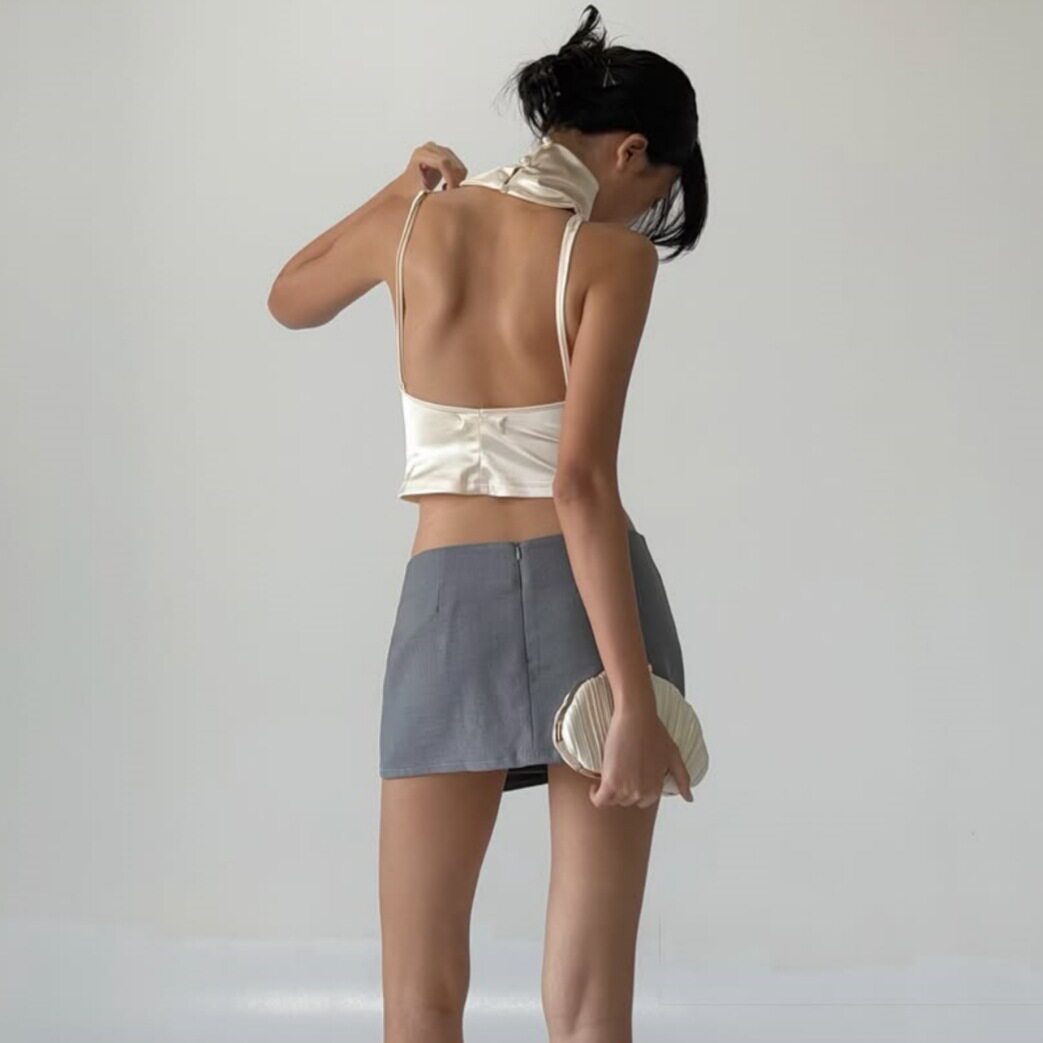 Womens Summer Set Slim Fit High Neck Cropped Satin Top with Embroidery Bodycon Skirt Wholesale Available