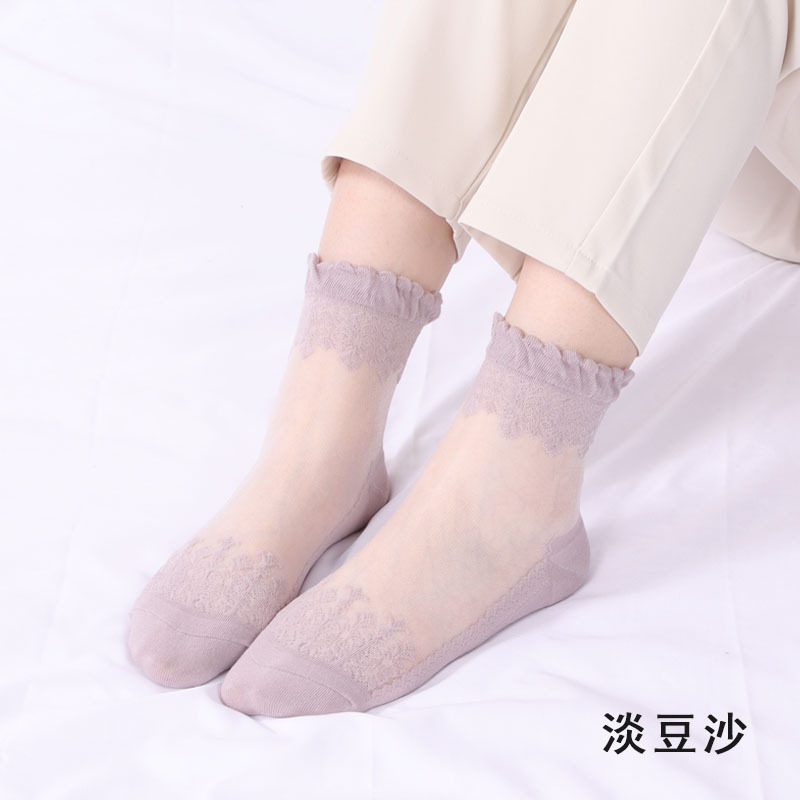 春季薄款中筒袜棉底玻璃丝袜子女蕾丝花边短款袜子防滑透气水晶袜