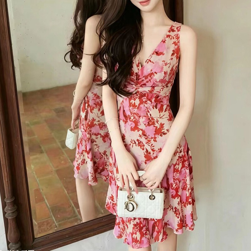 Đầm hai dây họa tiết hoa cổ chữ V thắt eo dáng đuôi cá — Phiên bản 100 người - chất lượng cao