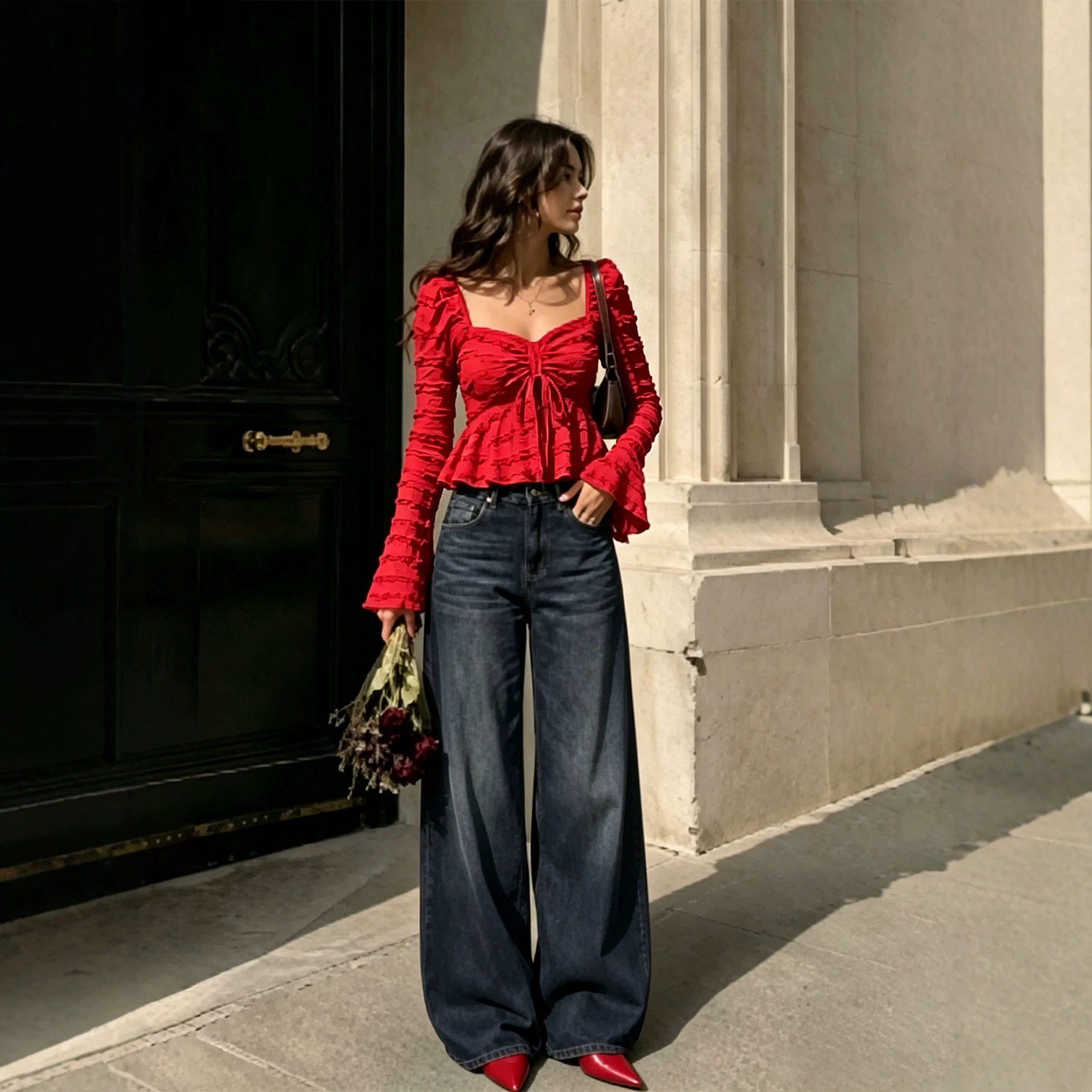 Vintage Red Textured Top Square Neck Drawstring Waist Backless Ruffle Bell Sleeves Autumn Winter Fashion
