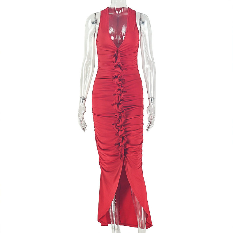 V Neck Ruched Bodycon Dress Slim Fit Side Split Elegant Style Perfect for Evening Events Wholesale Available