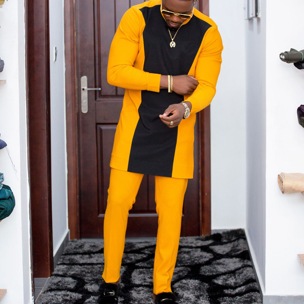 传统外贸非洲风格男士结婚新西装2件套圆领长袖上衣加裤子外贸