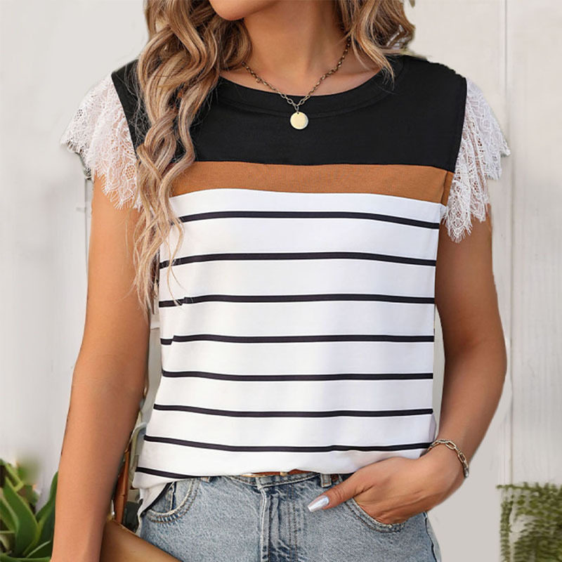 Elegant Casual Striped Lace Sleeveless T Shirt for Women Round Neck Trendy Design Perfect for Spring Summer Wholesale