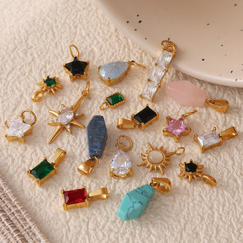 Cross-border 18K gold plated geometric colored gemstone rectangular five-pointed star necklace pendant pendant DIY jewelry accessories women