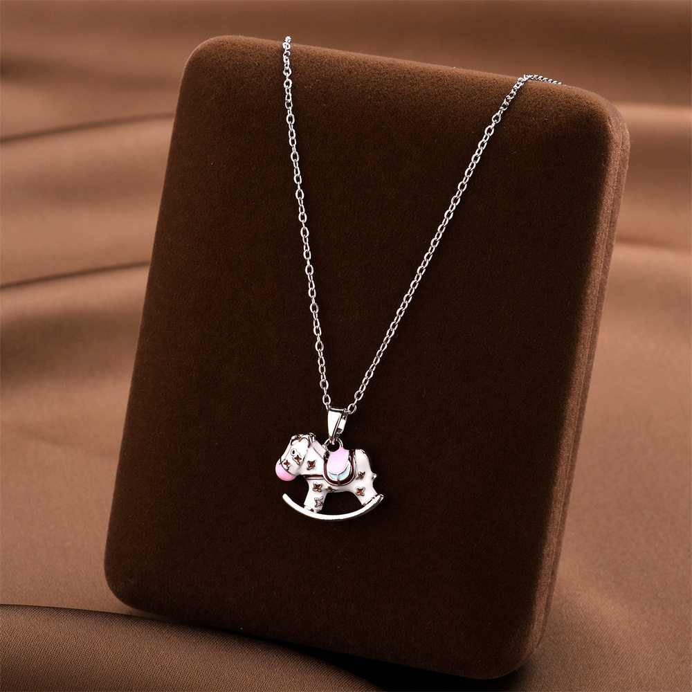 Enamel Drip Glaze Trojan Horse Pendant Titanium Steel Necklace Women's Niche Design Elegant Fashion Necklace New Trendy Clavicle Chain