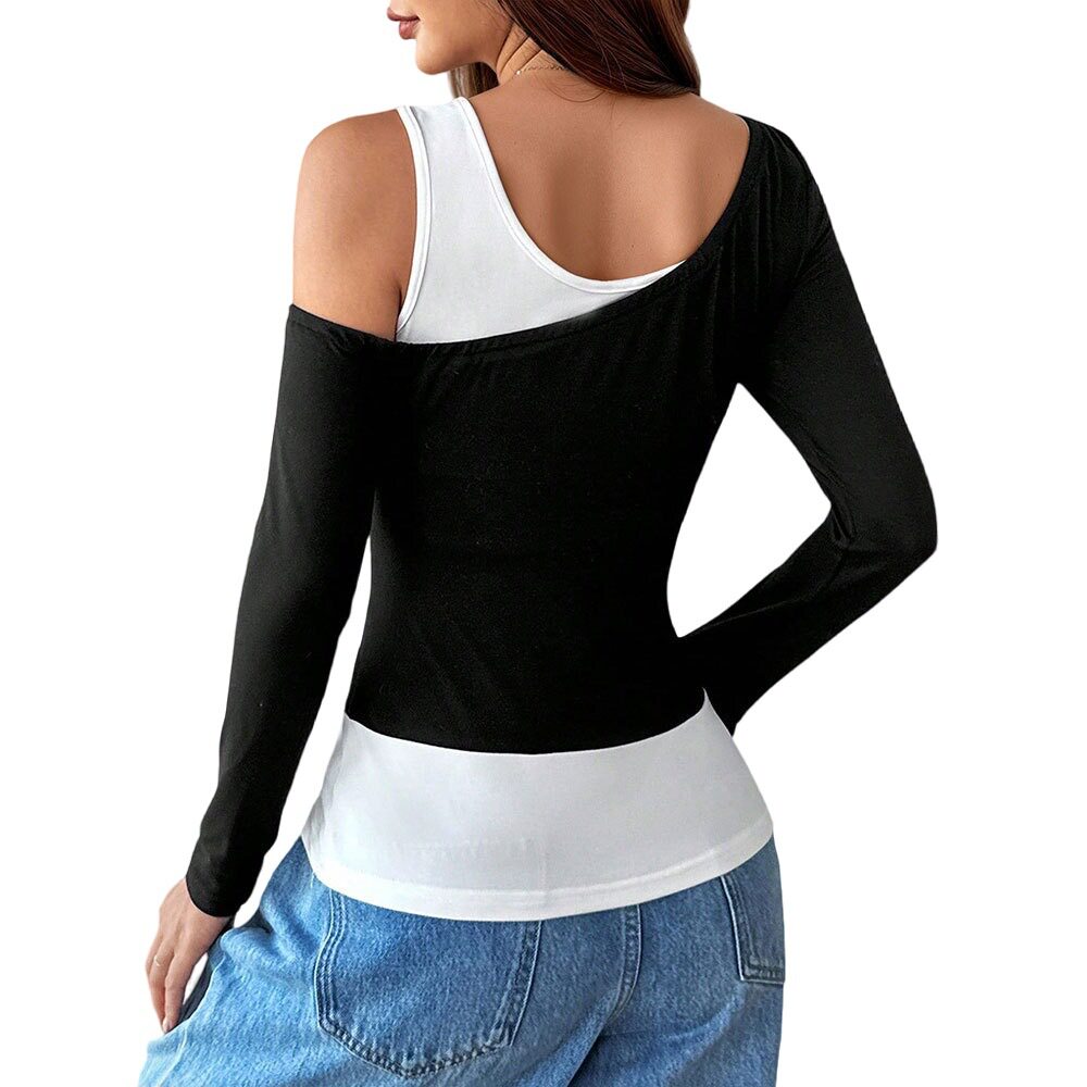 Asymmetrical Long Sleeve Top Black and White Color Block Unique Design for Spring and Autumn Wholesale Available