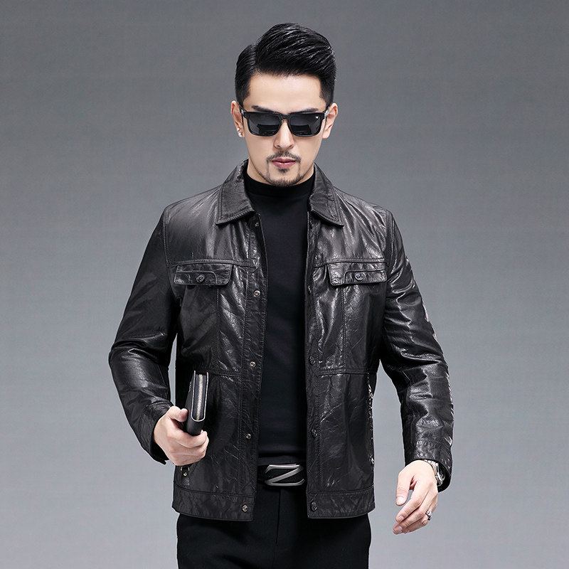 Áo Khoác Da Thật Nam Kiểu Ngắn Cổ Bẻ Da Bò Sáp Dầu Phong Cách Biker Màu Đen