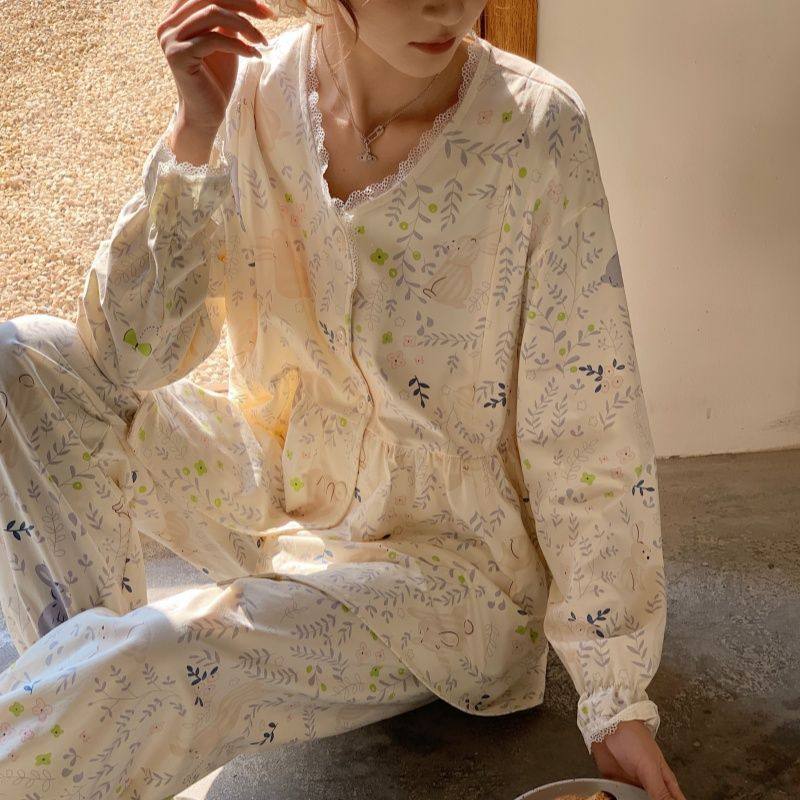 Pure cotton pull-up monthly clothing class a 2025 spring postpartum lactation pajamas maternal nursing home clothing suit