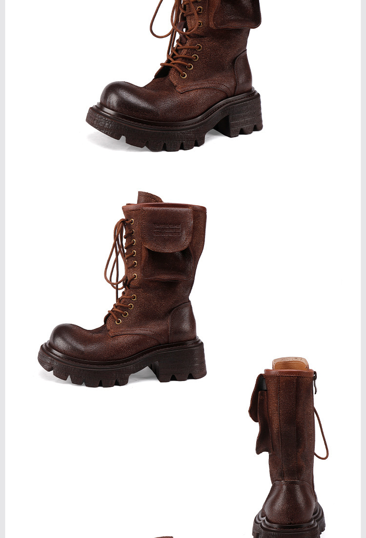 Boot Martin nữ da thật cổ trung, phong cách Anh cổ điển, khóa kim loại cá tính — màu cà phê