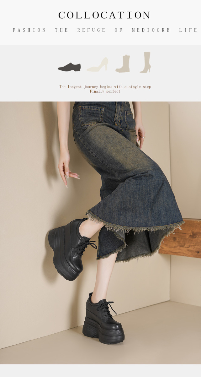 Giày sneaker nữ da bò đế dày tăng chiều cao 14cm dây buộc — Màu đen, Màu trắng