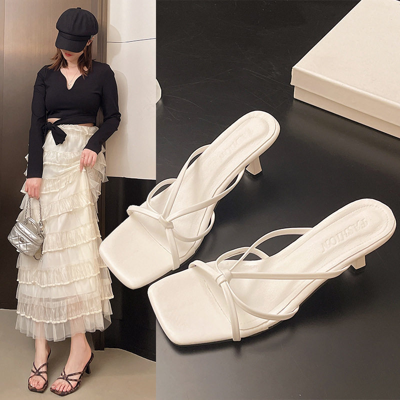 High heels for women sexy leopard print stiletto sandals square toe versatile fashionable outer slippers for women