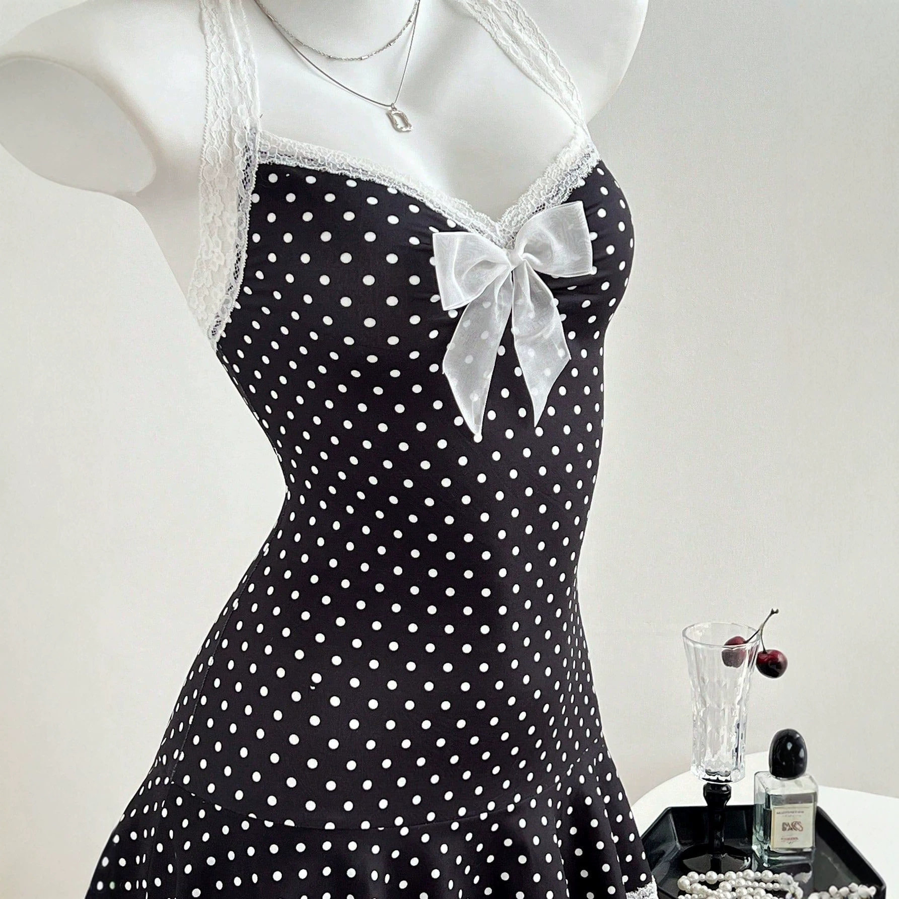Lace Trim Polka Dot A Line Dress Adjustable Spaghetti Straps Waist Cinching Elegant Style Perfect for Summer Events