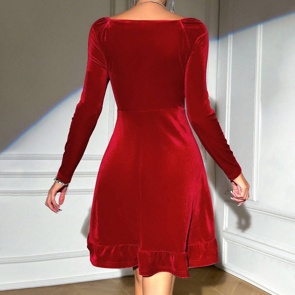 Elegant Red V Neck Dress Autumn Winter Fashion Versatile Style Short Length Wholesale Availability