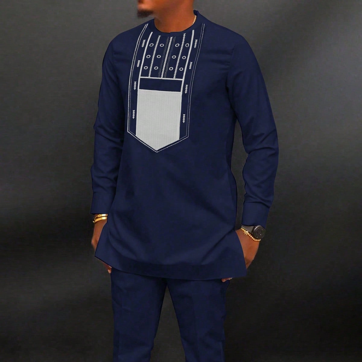 2023非洲民族风男士休闲套装2件套长袖纯色拼接衬衫和裤子套装