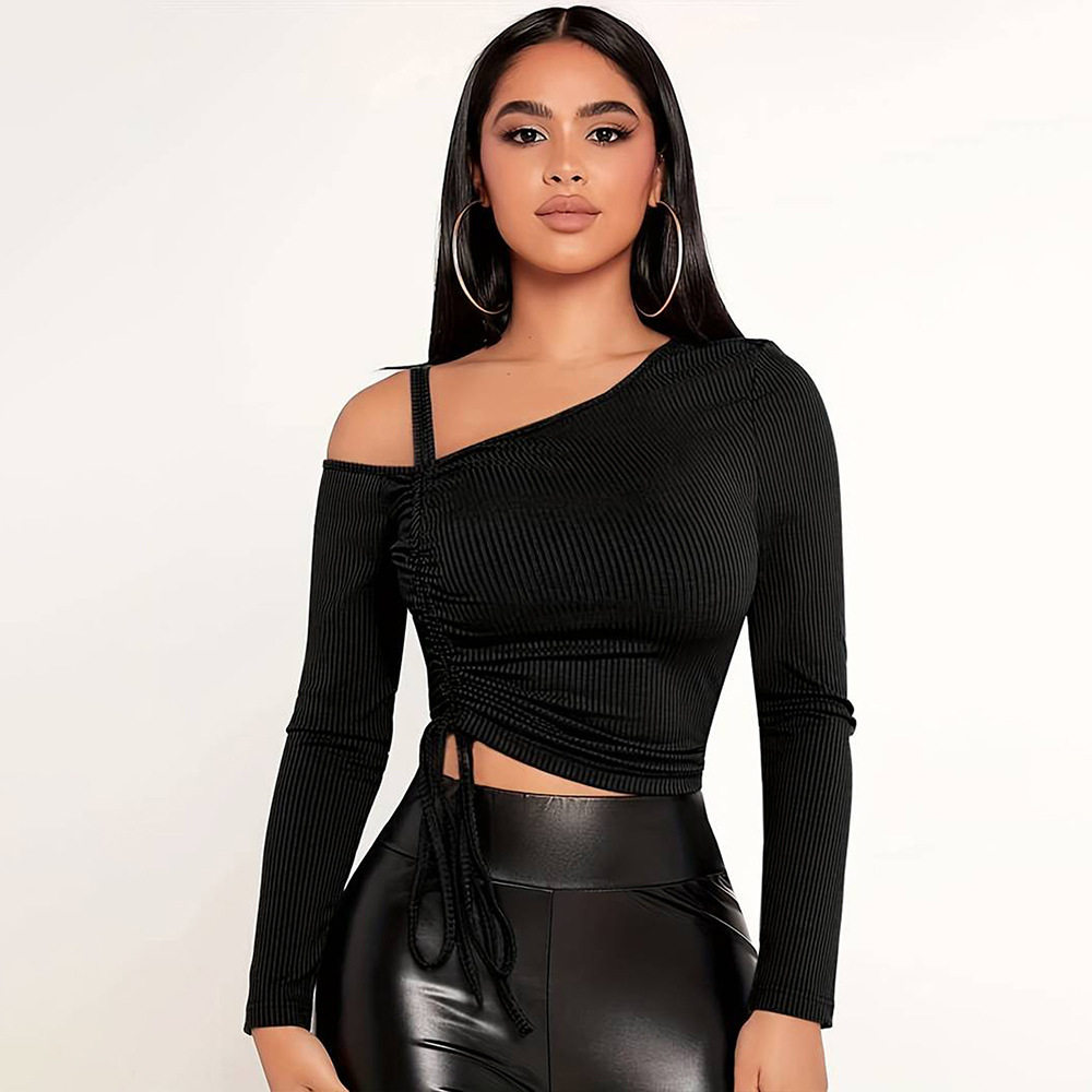Womens Trendy Spring Summer T Shirt Off Shoulder Slim Fit Solid Color Asymmetrical Neckline Casual Wear