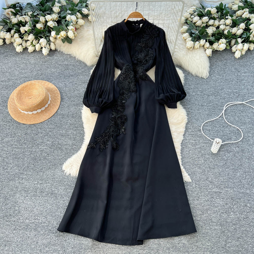 French Style Long Sleeve A Line Dress Embroidered Floral Design High Waist Flared Sleeves Elegant for Parties and
