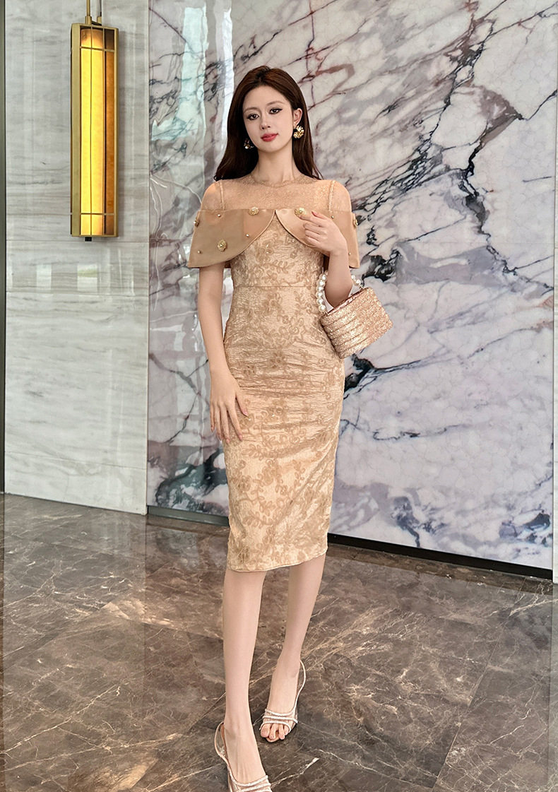 Đầm ôm body nữ dự tiệc ren tay ngắn cổ tròn cao eo — [Màu champagne] chi tiết 6