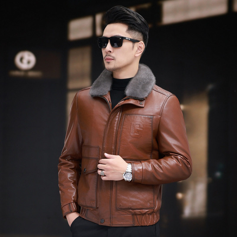 Áo Khoác Da Nam Da Bò Lót Lông Cổ Lông Chồn Thật Màu Nâu