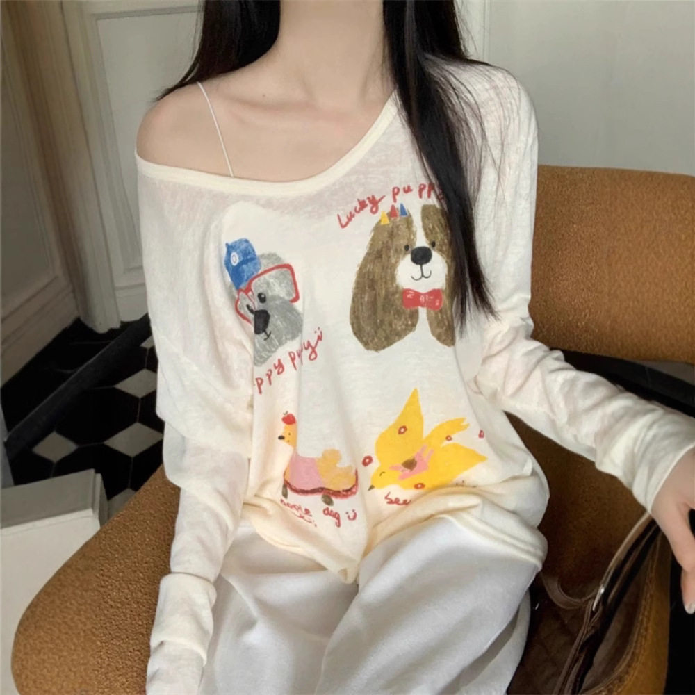 Niche fun printed long-sleeved T-shirt women's thin sunscreen top autumn design fashionable lazy loose blouse