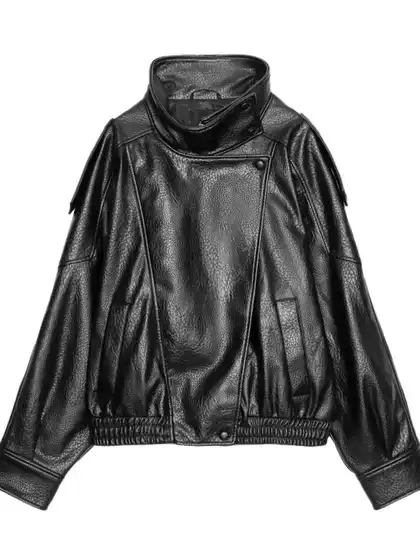 Foreign Trade Cross-Border 2025 Za Series European and American Style Retro Motorcycle Style Leather Jacket Stand Collar Jacket 4391872