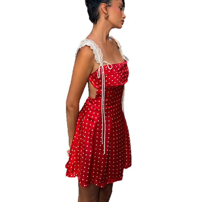 French Style Polka Dot A Line Dress Satin Feel Waist Defining Backless Lace Details Perfect for Summer Events