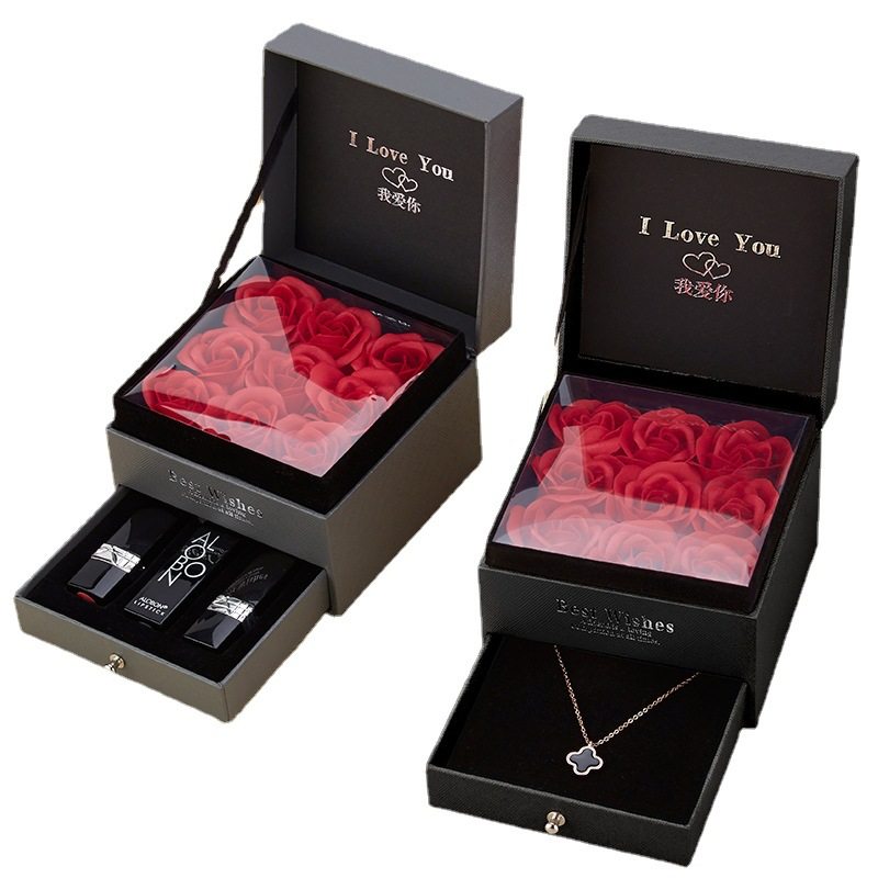 Double Layer Rose Box 9 Flowers Drawer Flower Box Lipstick Necklace Ring Valentine's Day Gift Box for Girlfriend's Birthday