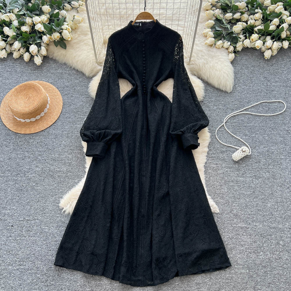 French Court Style Dress Elegant Lace Slim Fit Single Breasted Long Sleeve Autumn Fashion for Women Wholesale