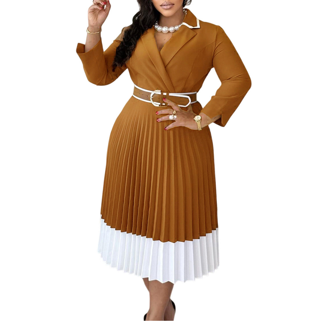 Color Block A Line Dress Long Sleeve Pleated Solid Color Autumn Winter Fashion for Women Wholesale Available