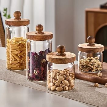 Moisture-Proof Glass Sealed Jar Household Acacia Wood Lid Tea Jar Dried Fruit Sugar Jar High-End Grain Storage Jar