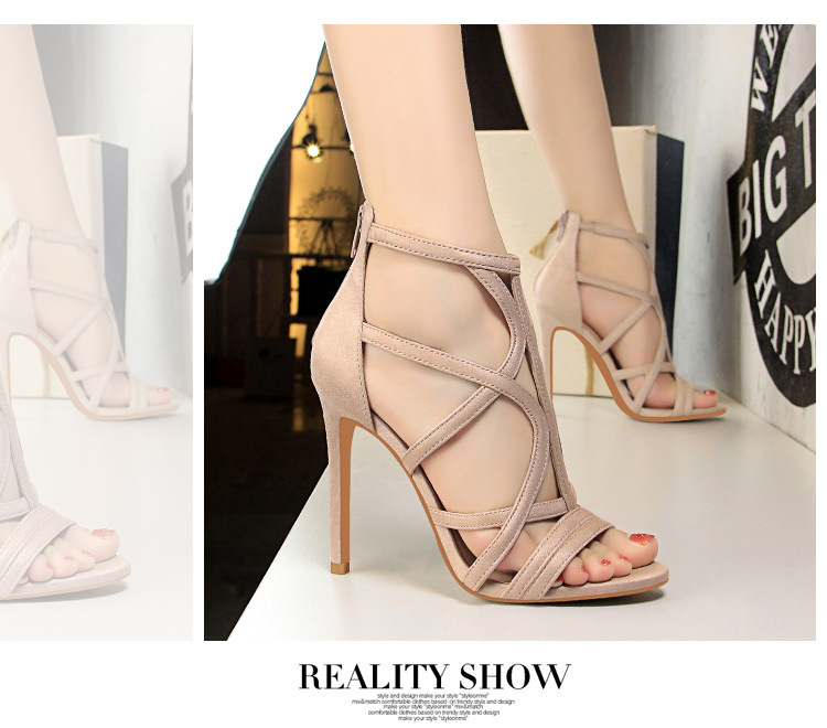 Sandal cao gót nữ gót mảnh 11cm mũi nhọn khoét lỗ phối quai thanh mảnh phong cách quyến rũ — Màu đen, Màu đỏ, Màu Kaki, Màu nude