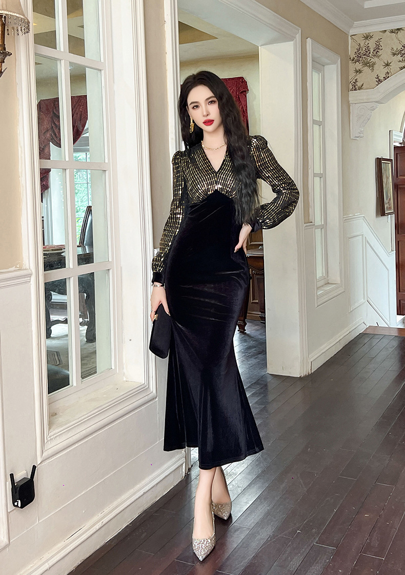 Đầm dài nhung phối sequin cổ chữ V dáng đuôi cá nữ — Xanh đá quý, Màu đen, Đỏ gỉ sắt