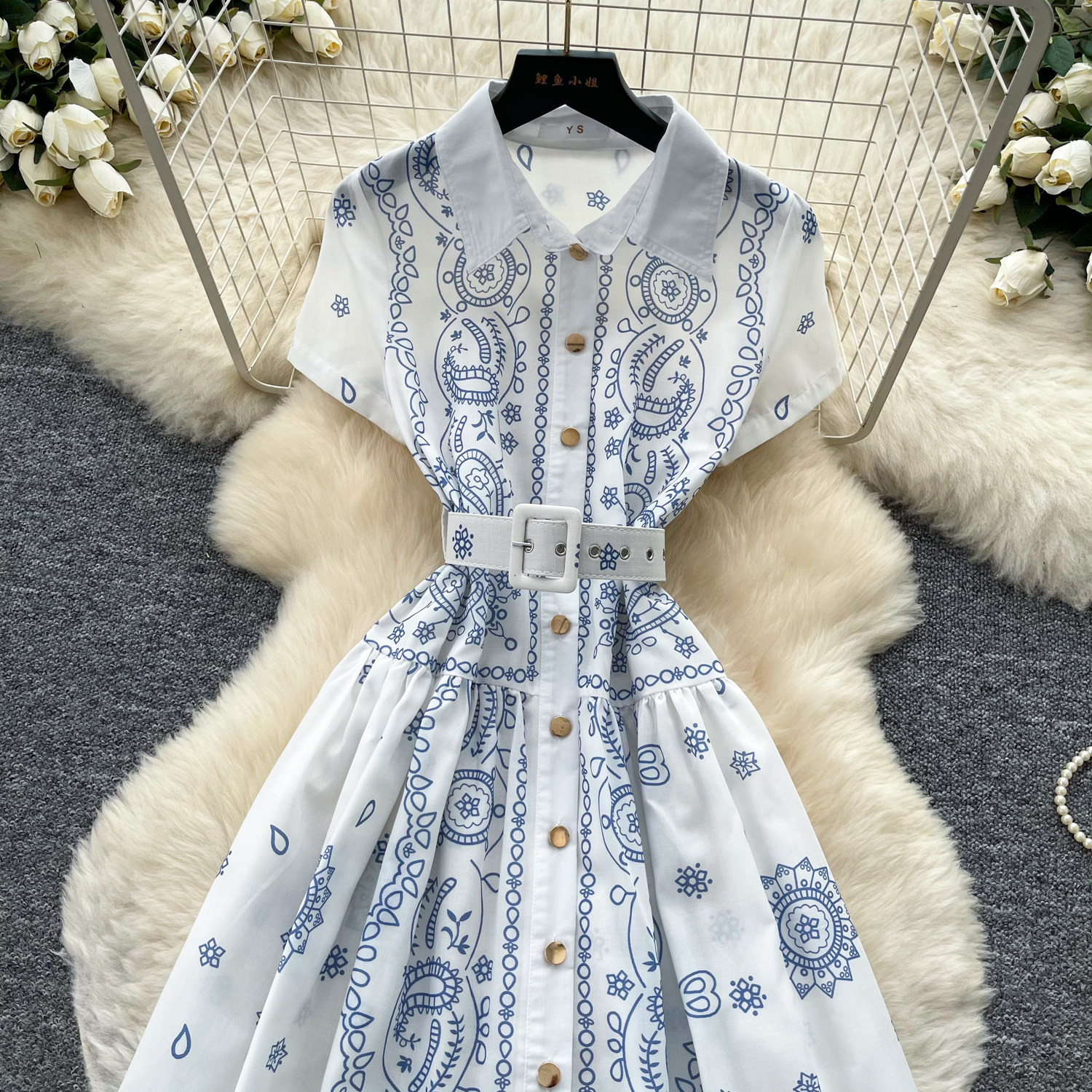 Geometric Print Shirt Dress French Vacation Style Sleeveless Waist Defined Elegant Long Dress Summer Wear