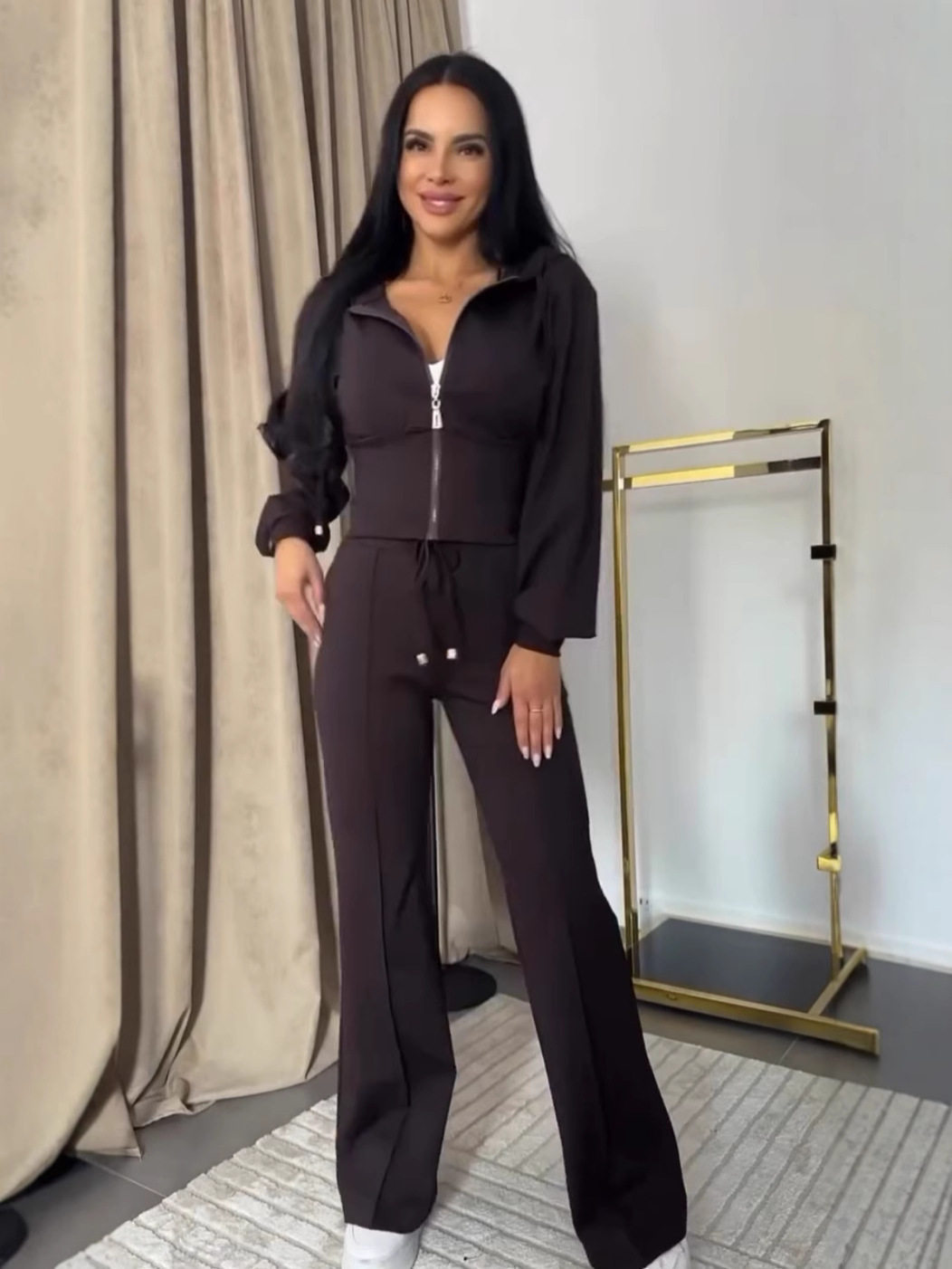 European and American 2025 Spring and Autumn Women's Long-Sleeved Slim Short Two-Piece Set Cross-Border Independent Station Popular Hooded Casual Suit