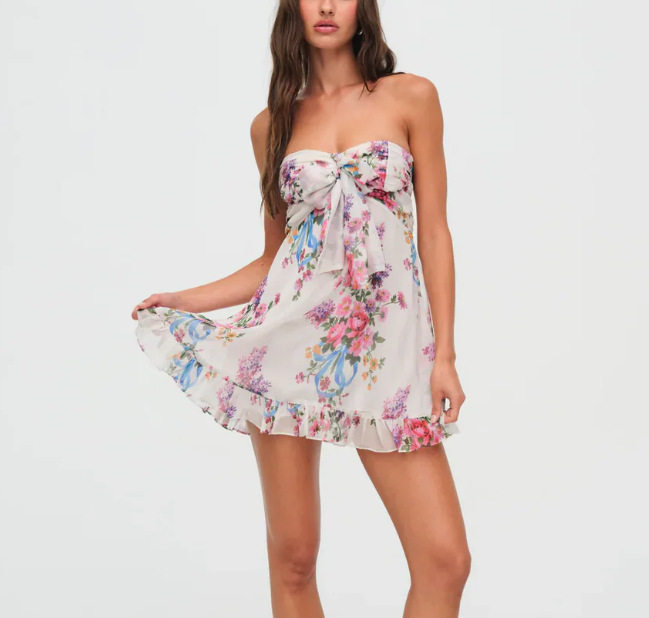 Floral Print A Line Dress Sheer Fabric Strapless Elegant Design Perfect for Summer Events Wholesale Available