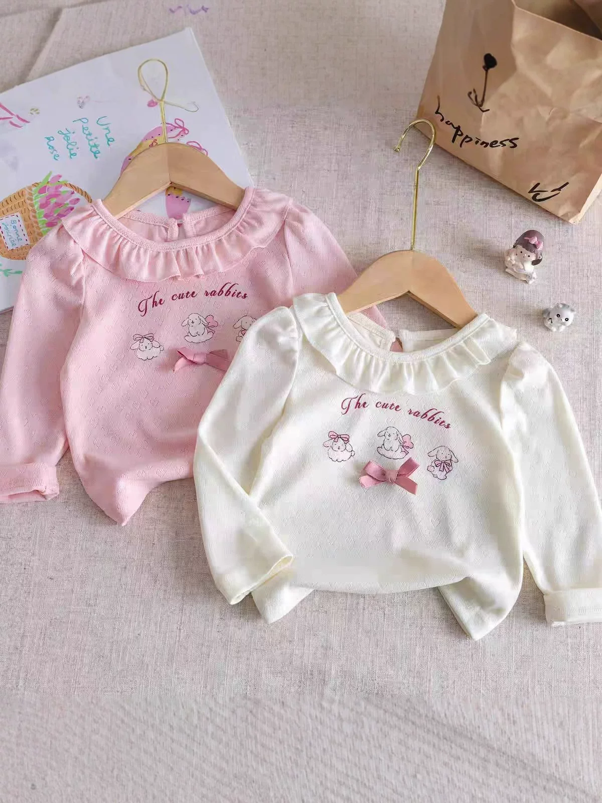 Girls' New Spring & Autumn Lightweight Top, Baby Cute Lace Mesh Bow Long-Sleeve Stylish Autumn Outfit