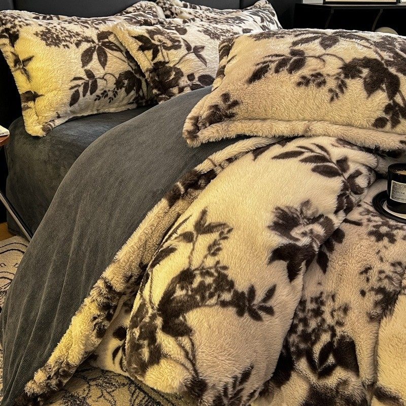 Leopard Print Rabbit Plush Four-Piece Set Thickened Warm Milk Velvet Bedding Set Machine Washable Bedding Wholesale Cross-Border Dropshipping