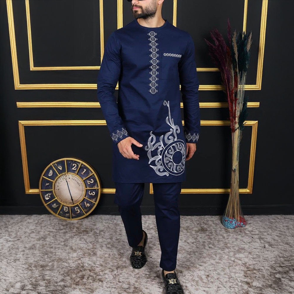 传统外贸非洲风格男士结婚新西装2件套圆领长袖上衣加裤子外贸