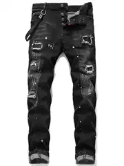 Trendy casual patch slim fit small foot trendy brand personalized pants trendy new style ripped fabric embroidered jeans for men