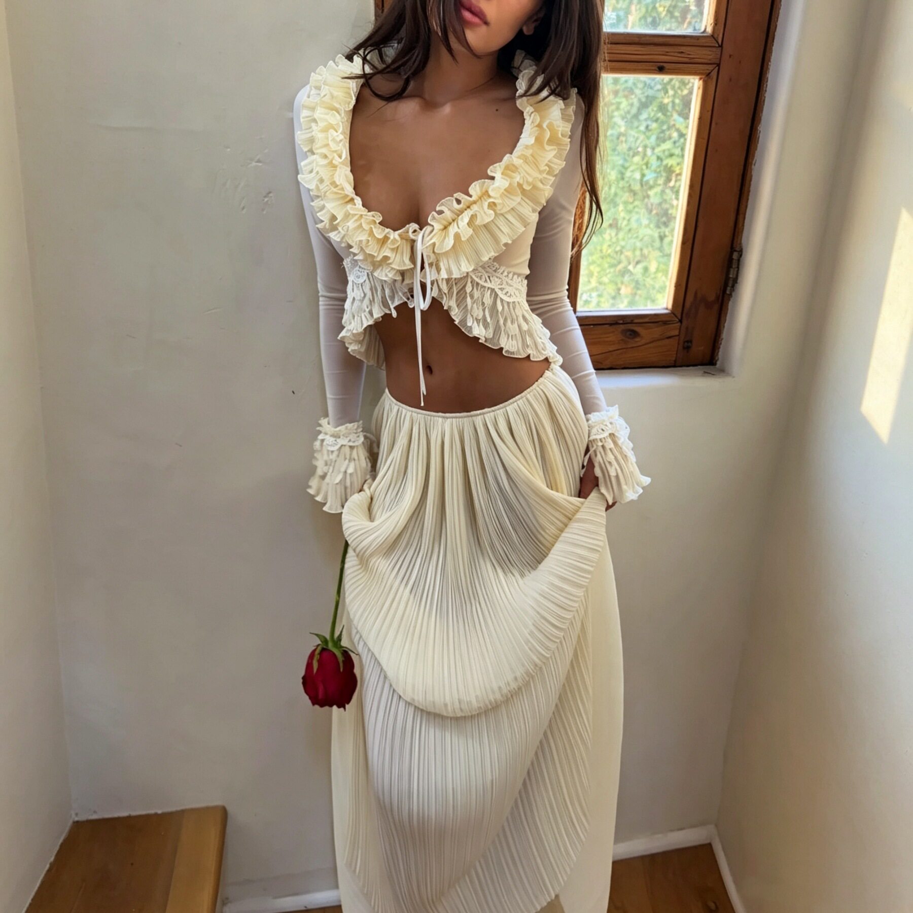 French Style Womens V Neck T Shirt Irregular Hem Ruffled Details Flared Sleeves Autumn Fashion Wholesale Available