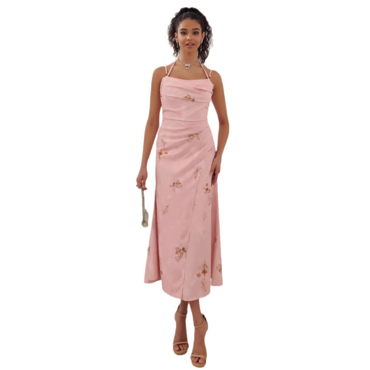 Elegant Pink A Line Midi Dress High Quality Fabric Chic Design Perfect for Spring Summer Events Wholesale Available