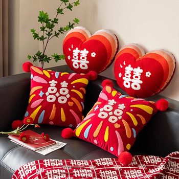 A Pair of Wedding Pillows, Festive Red Living Room Sofa, Newlywed Wedding Pillows, Wedding Cushions, Wedding Room Decoration Wholesale
